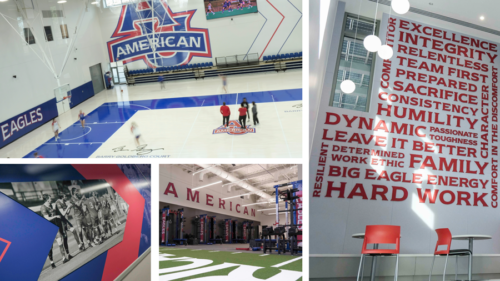 Interior views of American University’s Meltzer Center featuring large American University athletics wall graphics, a basketball court with AU logo, bold red and blue environmental branding, motivational typography wall with values like integrity and hard work, and a strength training area with “American” lettering and turf flooring.