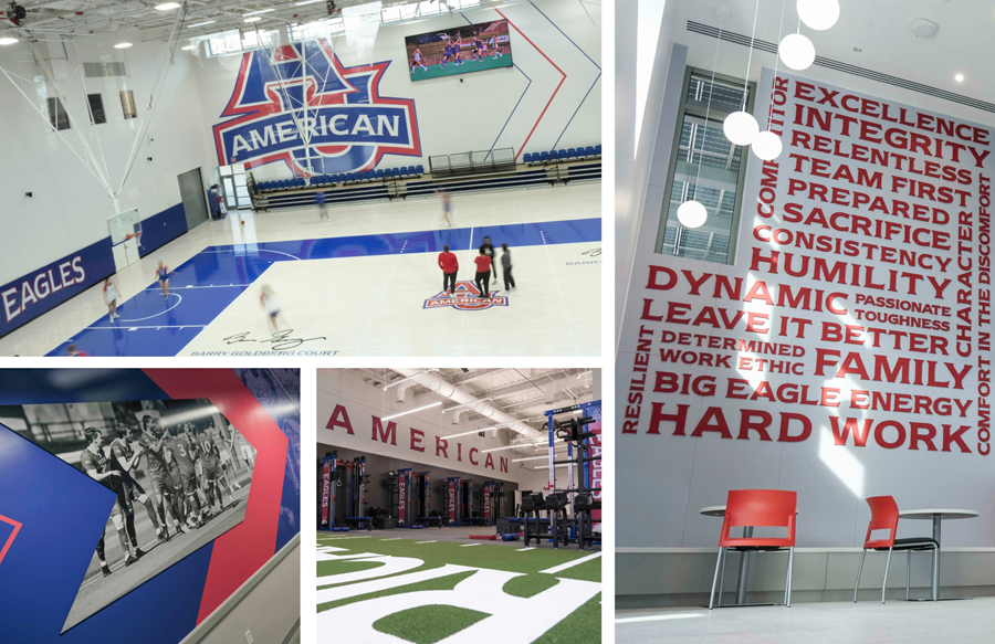 Interior views of American University’s Meltzer Center featuring large American University athletics wall graphics, a basketball court with AU logo, bold red and blue environmental branding, motivational typography wall with values like integrity and hard work, and a strength training area with “American” lettering and turf flooring.