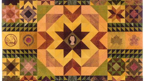 Botanical quilt installation by Jody Graff at Andalusia made with pressed leaves in geometric patterns