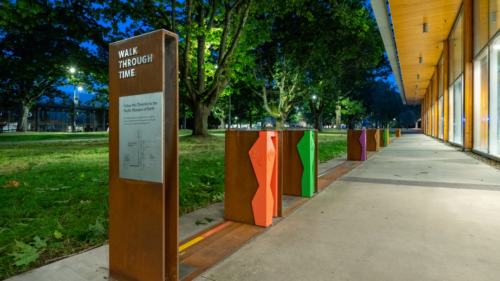 Wheaton Walk Through Time outdoor exhibition at UBC with interpretive signage and colorful timeline markers by Lost & Found