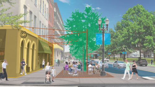 Mayer/Reed Waterfront Urban Design Study rendering showing proposed public space improvements along Portland’s downtown riverfront.