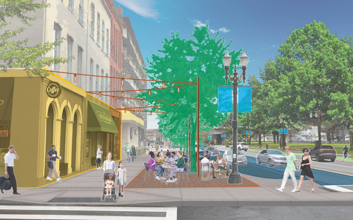 Mayer/Reed Waterfront Urban Design Study rendering showing proposed public space improvements along Portland’s downtown riverfront.