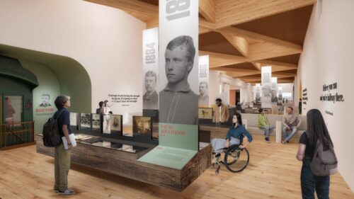 Visitors explore an accessible Theodore Roosevelt Presidential Library gallery with historic photographs, artifacts, timeline banners, and interactive displays.