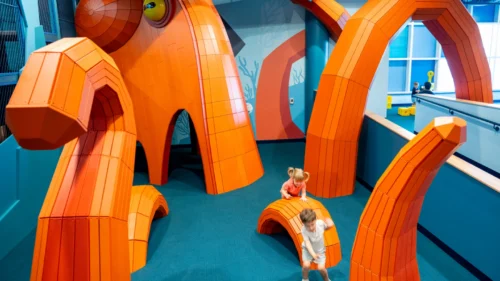 Children play among bright orange octopus-inspired climbing structures in Roto’s Ocean Odyssey at the Texas State Aquarium.